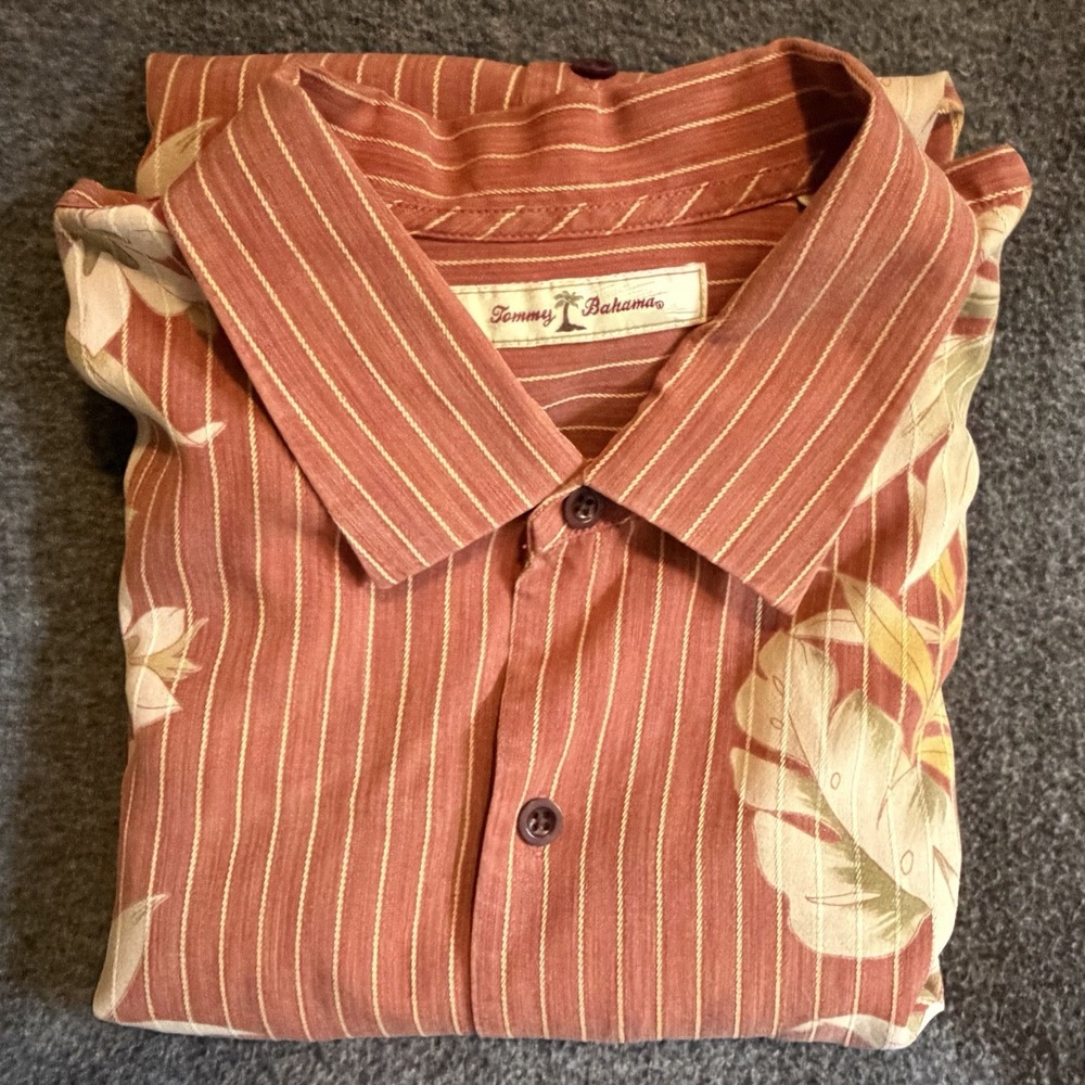 Tommy Bahama Mens‎ XXL Rust Orange Striped Tropical Floral Tencel Camp Shirt